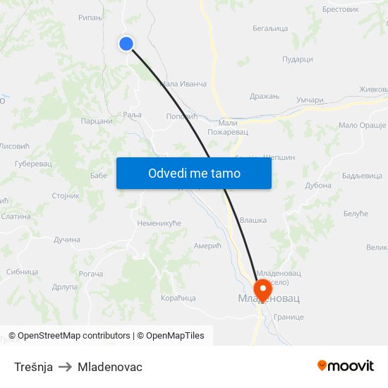 Trešnja to Mladenovac map