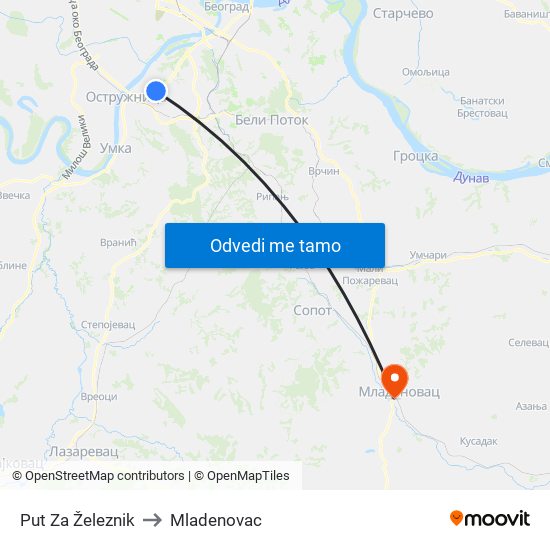 Put Za Železnik to Mladenovac map