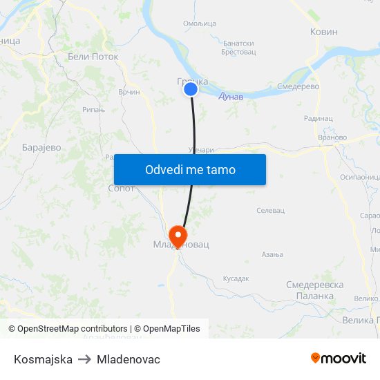 Kosmajska to Mladenovac map