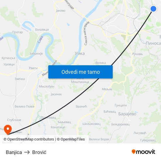 Banjica to Brović map