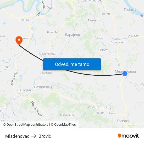 Mladenovac to Brović map