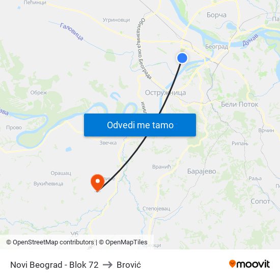 Novi Beograd - Blok 72 to Brović map