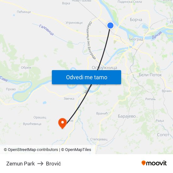 Zemun Park to Brović map
