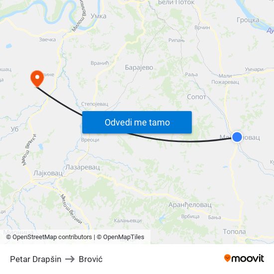 Petar Drapšin to Brović map