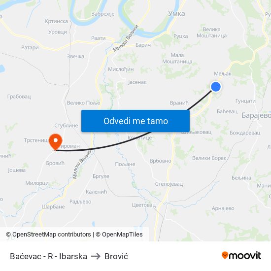 Baćevac - R - Ibarska to Brović map