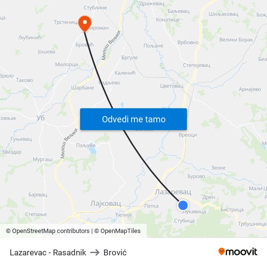 Lazarevac - Rasadnik to Brović map