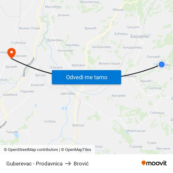 Guberevac - Prodavnica to Brović map