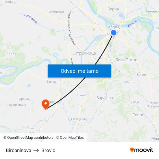 Birčaninova to Brović map