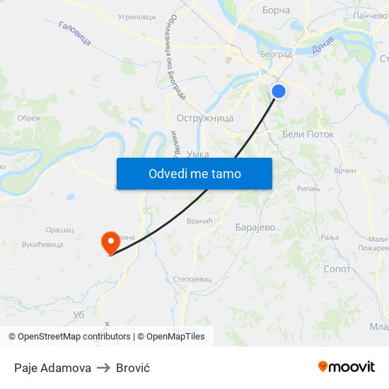 Paje Adamova to Brović map