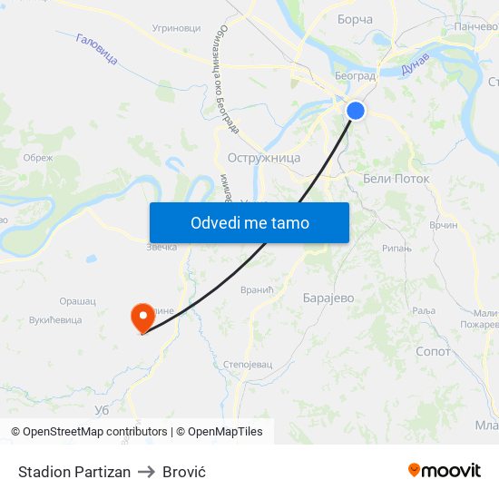 Stadion Partizan to Brović map