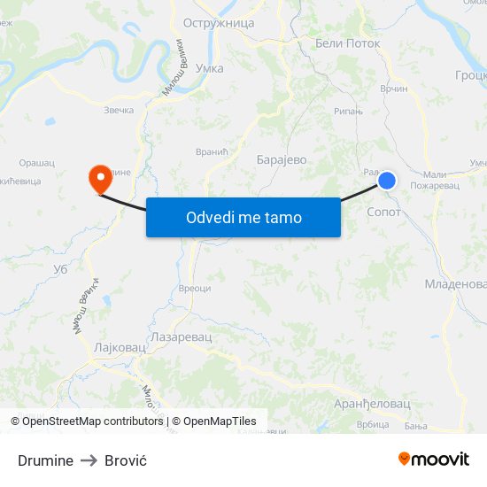 Drumine to Brović map