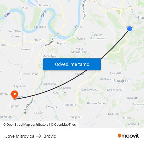 Jove Mitrovića to Brović map