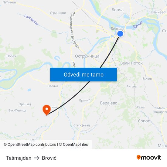 Tašmajdan to Brović map