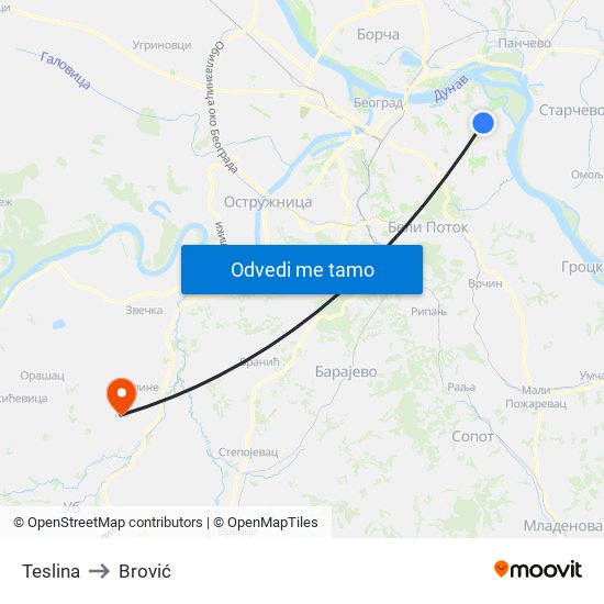 Teslina to Brović map