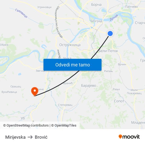Mirijevska to Brović map
