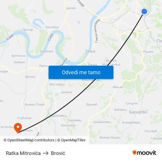 Ratka Mitrovića to Brović map