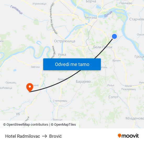 Hotel Radmilovac to Brović map