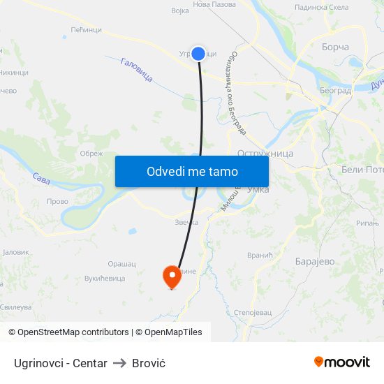 Ugrinovci - Centar to Brović map
