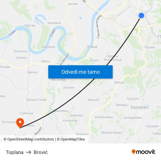 Toplana to Brović map