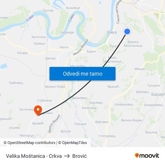 Velika Moštanica - Crkva to Brović map
