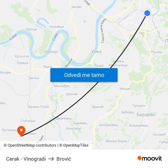 Cerak - Vinogradi to Brović map