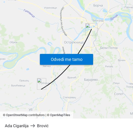 Ada Ciganlija to Brović map