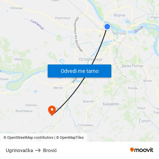 Ugrinovačka to Brović map