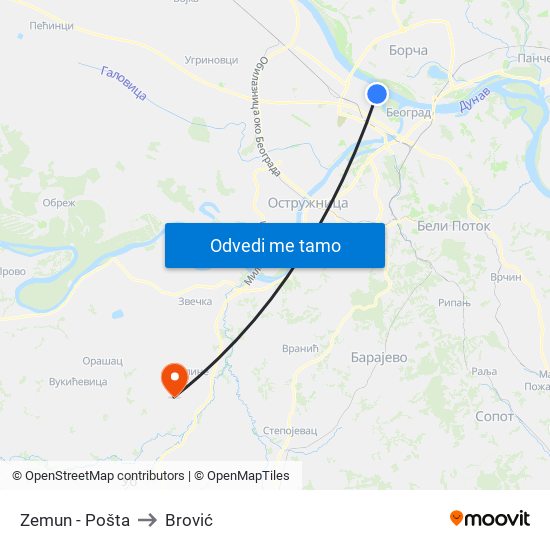 Zemun - Pošta to Brović map