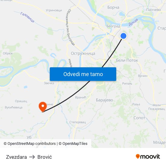 Zvezdara to Brović map