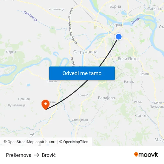 Prešernova to Brović map