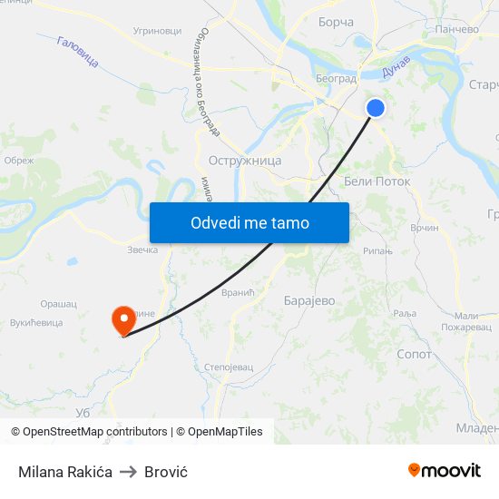 Milana Rakića to Brović map