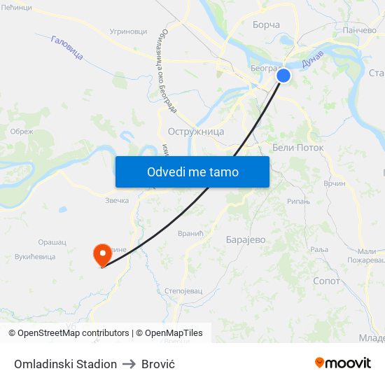 Omladinski Stadion to Brović map