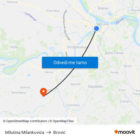 Milutina Milankovića to Brović map