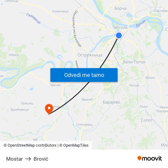 Mostar to Brović map