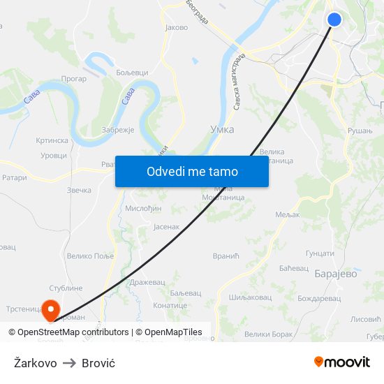 Žarkovo to Brović map