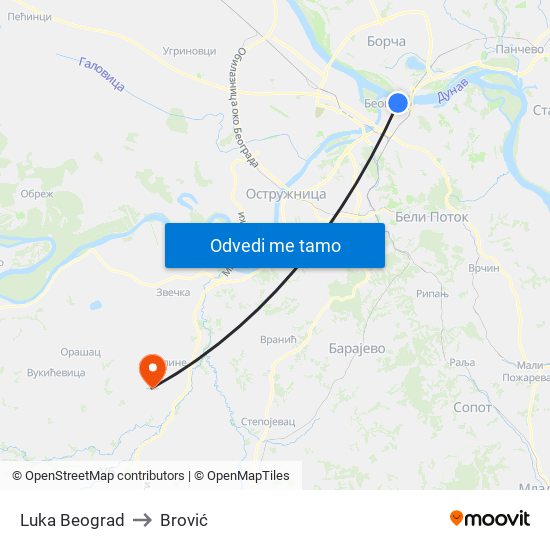 Luka Beograd to Brović map