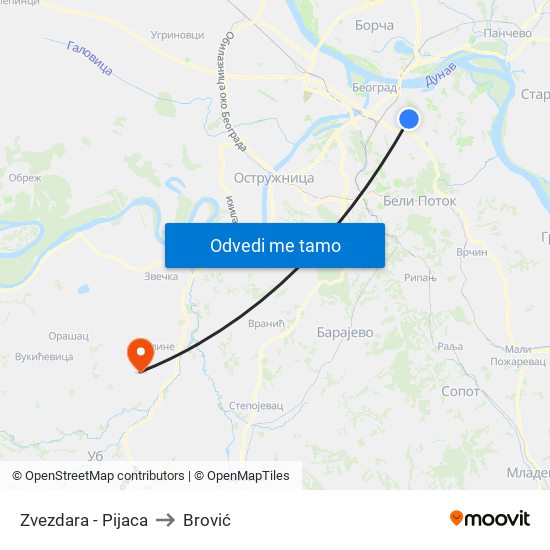 Zvezdara - Pijaca to Brović map