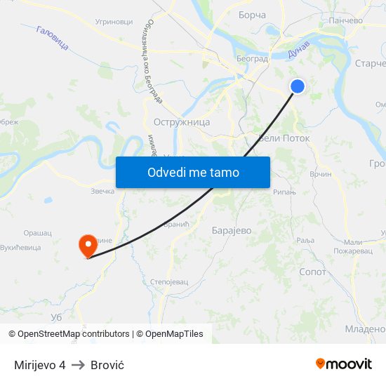 Mirijevo 4 to Brović map