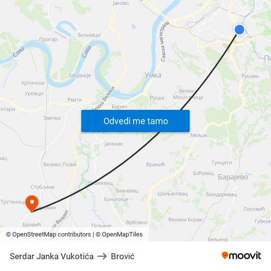 Serdar Janka Vukotića to Brović map