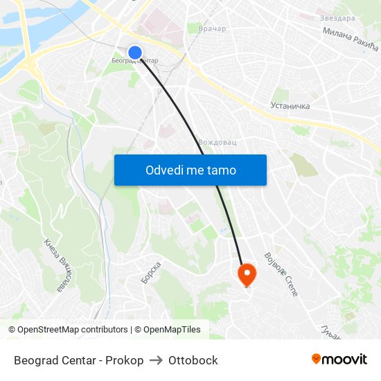 Beograd Centar - Prokop to Ottobock map