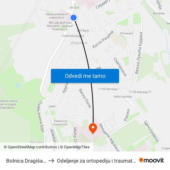 Bolnica Dragiša Mišović to Odeljenje za ortopediju i traumatologiju odraslih map