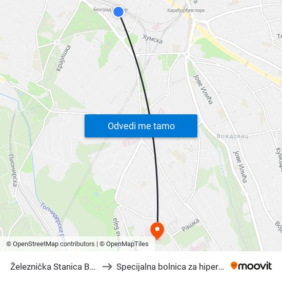 Železnička Stanica Beograd Centar to Specijalna bolnica za hiperbaričnu medicinu map