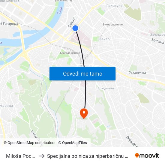 Miloša Pocerca to Specijalna bolnica za hiperbaričnu medicinu map