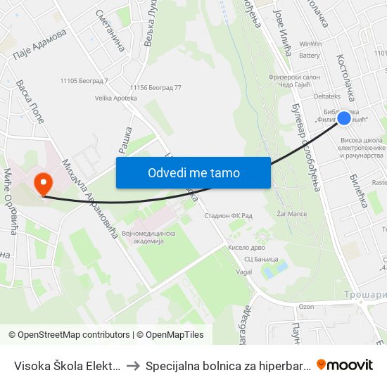 Visoka Škola Elektrotehnike to Specijalna bolnica za hiperbaričnu medicinu map