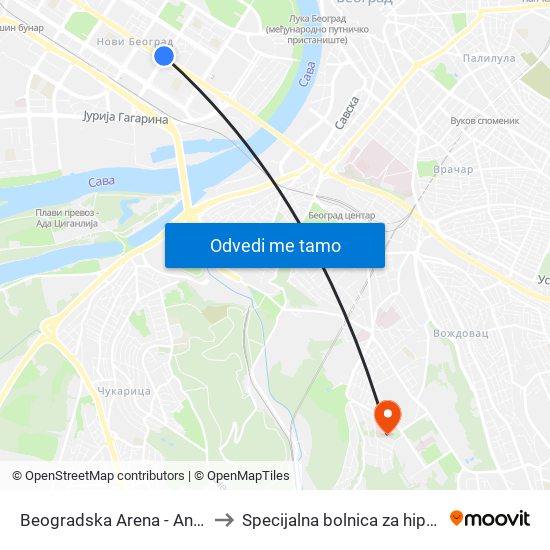 Beogradska Arena - Antifašističke Borbe to Specijalna bolnica za hiperbaričnu medicinu map