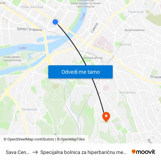 Sava Centar to Specijalna bolnica za hiperbaričnu medicinu map