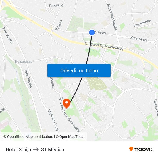 Hotel Srbija to ST Medica map