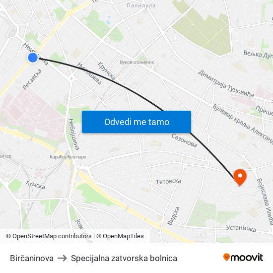 Birčaninova to Specijalna zatvorska bolnica map