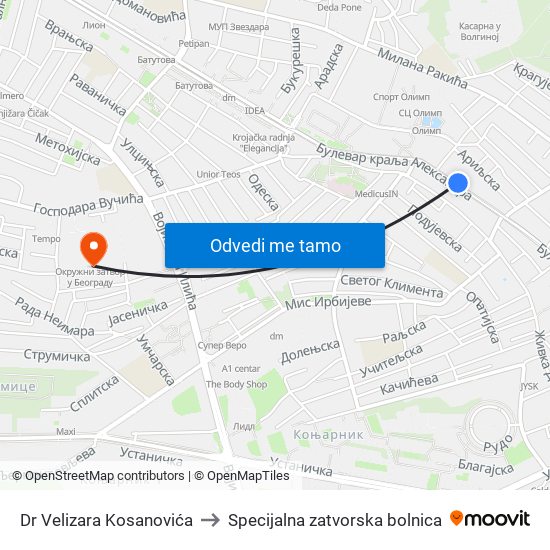 Dr Velizara Kosanovića to Specijalna zatvorska bolnica map