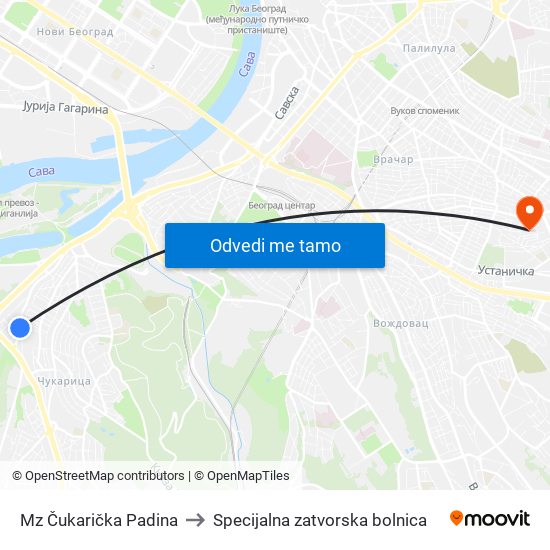 Mz Čukarička Padina to Specijalna zatvorska bolnica map